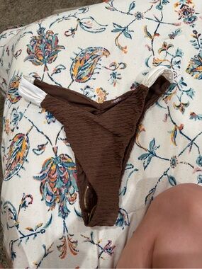 Brown Textured Bikini Bottom with White Side Panels